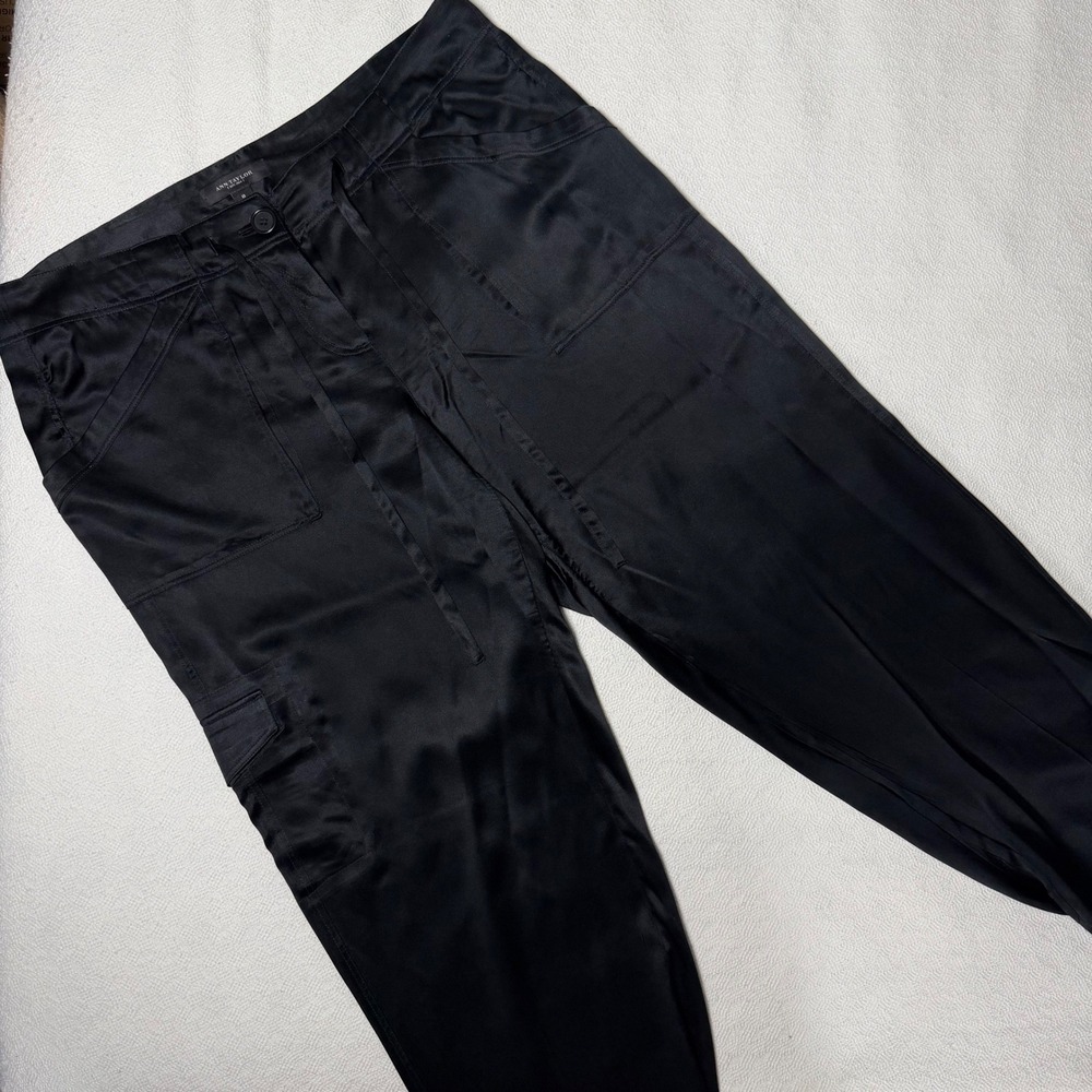Ann Taylor Black 100% Silk Cargo Jogger Pants Women Size 8 Satin Pocket